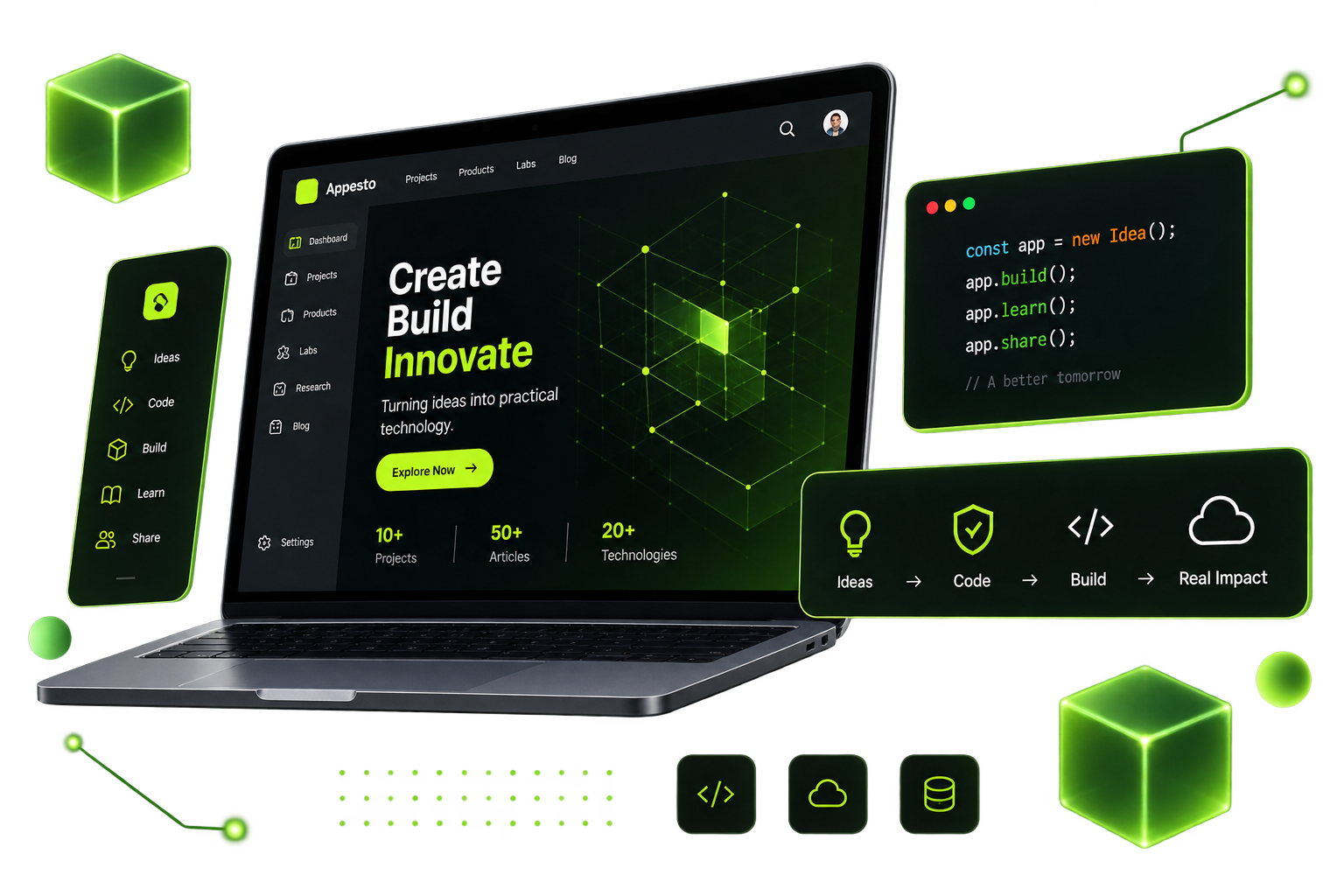 Appesto platform shown across desktop, mobile and code editor, surrounded by build, code, ship and impact icons