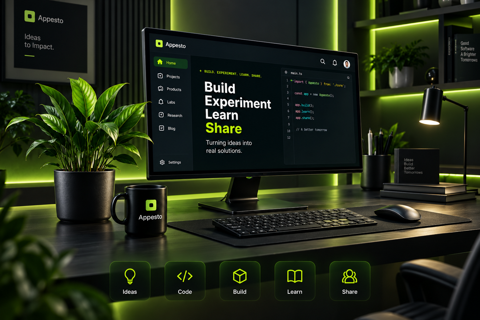 Appesto workstation showing the dashboard, code editor, and the Ideas, Code, Build, Learn, Share workflow